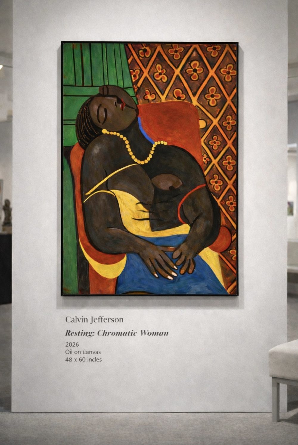 Dr. Calvin Jefferson's Chromatic Woman painting, showing a woman resting amid vivid color and pattern
